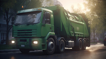 Green garbage truck on the background of the city, illustration on the theme of garbage collection and recycling, 8k, generative ai