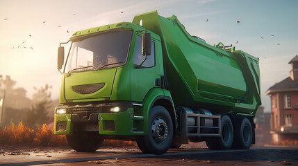 Green garbage truck on the background of the city, illustration on the theme of garbage collection and recycling, 8k, generative ai