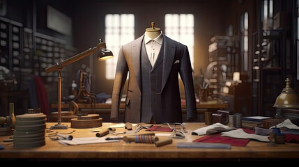 Handsome men's suit in retro style on the background of a tailoring studio, 8k, generative ai