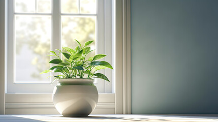 White pot with a plant on the window in the rays of light, 8k, generative ai