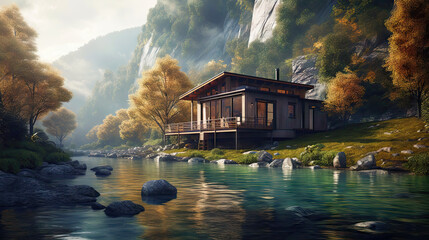 Beautiful villa on the lake with mountains in the background, 8k, generative ai