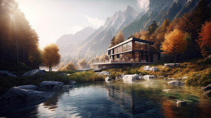 Beautiful villa on the lake with mountains in the background, 8k, generative ai