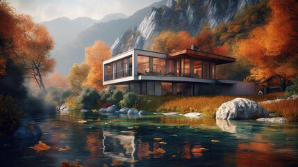 Beautiful villa on the lake with mountains in the background, 8k, generative ai