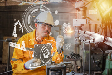 Chief engineer uses technology in industry to increase production efficiency, architect people or construction worker working with modern civil equipment technology.