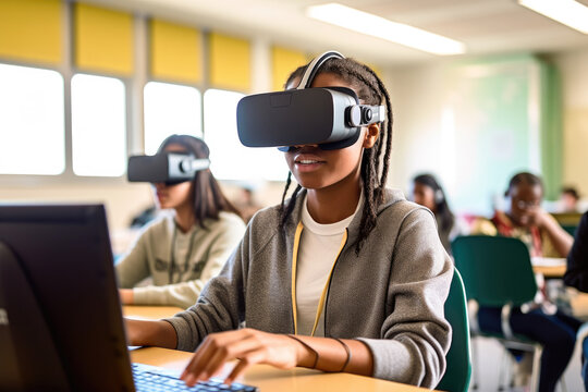 Kid Wearing A VR Googles At School As A New Mean Of Studying. Concept Image On Ed Tech And E Learning In The School Environment. Generative AI