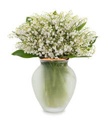 bunch of lilly of valley flowers in glass vase isolated on white background