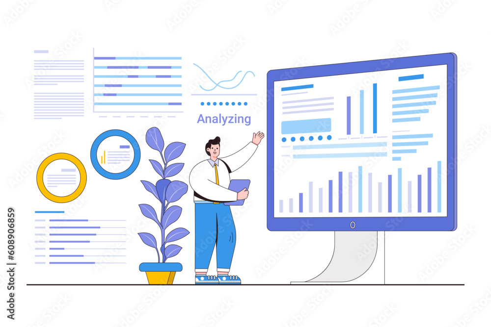 Poster data analytics and business intelligence concept with a person analyzing data on a dashboard