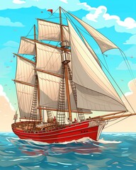 An illustration of a cartoon schooner ship was created. (Illustration, Generative AI)