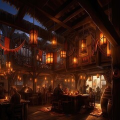 Fototapeta na wymiar The cozy medieval tavern inspires D&D adventures with lantern-lit charm. (Illustration, Generative AI)