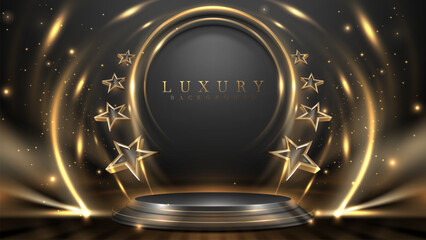 3d star around gold circle frame and podium and light effects decorations with bokeh. Luxury award ceremony background.