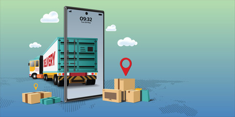 Fototapeta na wymiar Delivery online and shopping online on mobile application, vector illustration