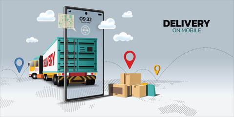 Delivery online service, online order tracking, home delivery. City logistics warehouse, truck, courier, courier on mobile vector illustration