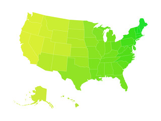Blank map of United States of America divided into states. Simplified flat silhouette vector map in shades of green