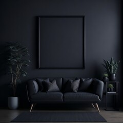 Matt Black Frame Living Room Mockup with Sofa, Coffee Table, and Potted Plant