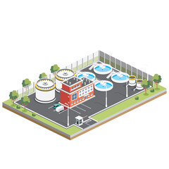 Isometric Wastewater Treatment Facility. Infographic Design Element Isolated on White Background.