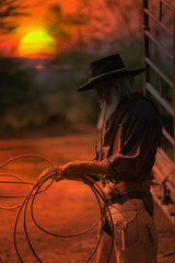 The silhouette of the cowboy and the setting sunset - 608909008