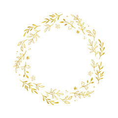 Gold floral circle frame. Vector golden floral leaf wreath border. Wedding round frame design. Hand drawn rustic flourish elegant circle border. Vector illustration.