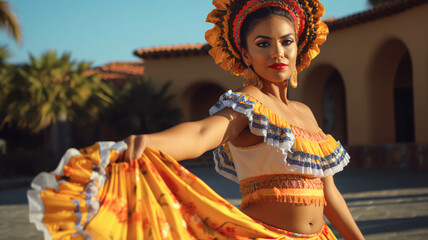 Mexican female folklore traditional dancer, yellow dress, Traditional Mexican Dance.ai generative.