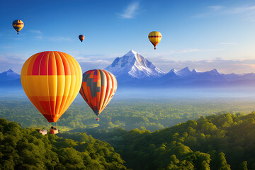 Fototapeta premium hot air balloon in the sky of mountain, generative ai
