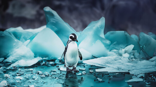 The penguin finds itself amidst fractured ice due to the effects of global warming.