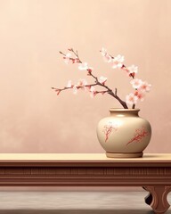 A front view of a sakura branch in vase on table. (Illustration, Generative AI)