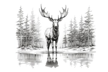 Cute Moose drawing on white background - generative AI