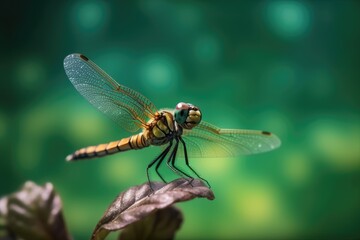 dragonfly perched on green background slightly blue fanfare, generative ai