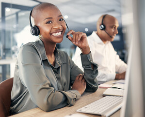 Consultant, woman call center agent with headset and computer for online communication at office....