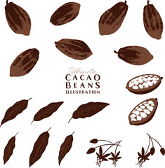 カカオ豆・花と葉っぱのシルエットイラストセット
