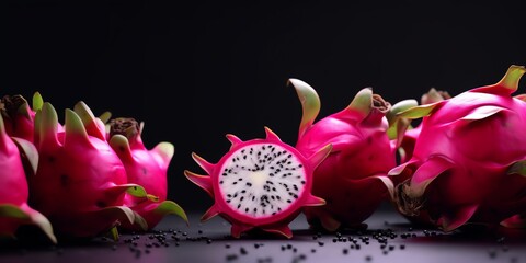 dragon fruit close up wallpaper, illustration for product presentation template, copy space dark background. Ai generative