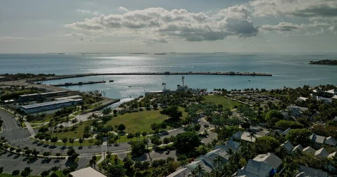 Key West Florida Aerial v20 drone flyover Truman Waterfront Park capturing USCGC Ingham maritime museum, Fort Zachary Taylor Cruise Pier and outdoor amphitheater - Shot with Mavic 3 Cine - April 2022