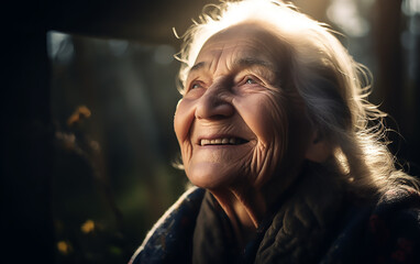 Portrait of a happy old woman at sunset. Generative AI technology.