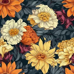 Fotobehang A seamless pattern of a colorful flowers against a dark background. Hand-drawn flowers over a drak background seamless pattern. © thanakrit