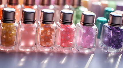 Close-up of a set of transparent bottles full of beads.Generative ai
