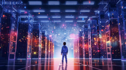 Fototapeta premium Digital graphics Futuristic 3D Concept, Big Data Center Kids Standing In Warehouse, Information Digitalization Lines, technology and data, future world children, Generative AI. 