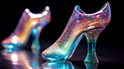 Close-up photo of beautiful shiny neon glass heels , Generative ai