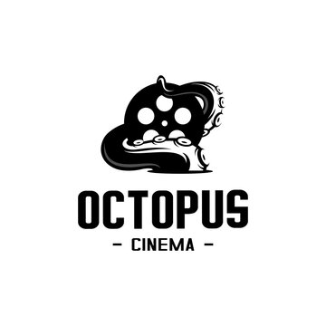 vector octopus tentacles carrying film roll, animal and cinema vector