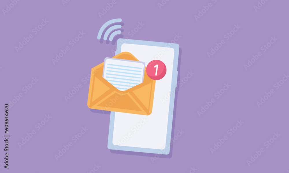 Poster mail envelope icon with notification new message in smartphone.email newsletter with letter paper ic