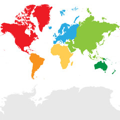 Map of World continents - North America, South America, Africa, Europe, Asia and Australia. Mercator projection. Each continent in different color.