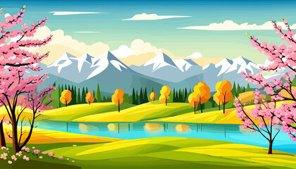 Obraz na płótnie Canvas Nature and landscape. Vector illustration of trees, forest, mountains, flowers, plants, field. Picture for background