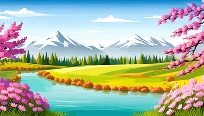 Obraz na płótnie Canvas Nature and landscape. Vector illustration of trees, forest, mountains, flowers, plants, field. Picture for background