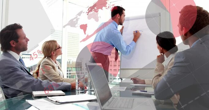 Animation of infographic interface, caucasian manager sharing strategy over whiteboard with coworker