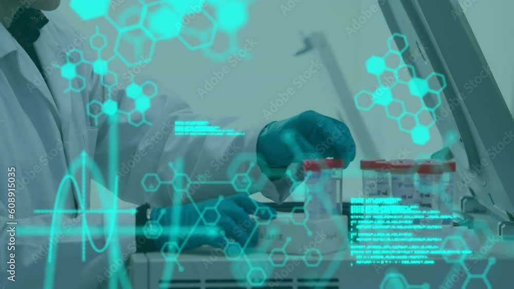 Poster animation of molecule structures and computer language, scientist placing test tubes in machine