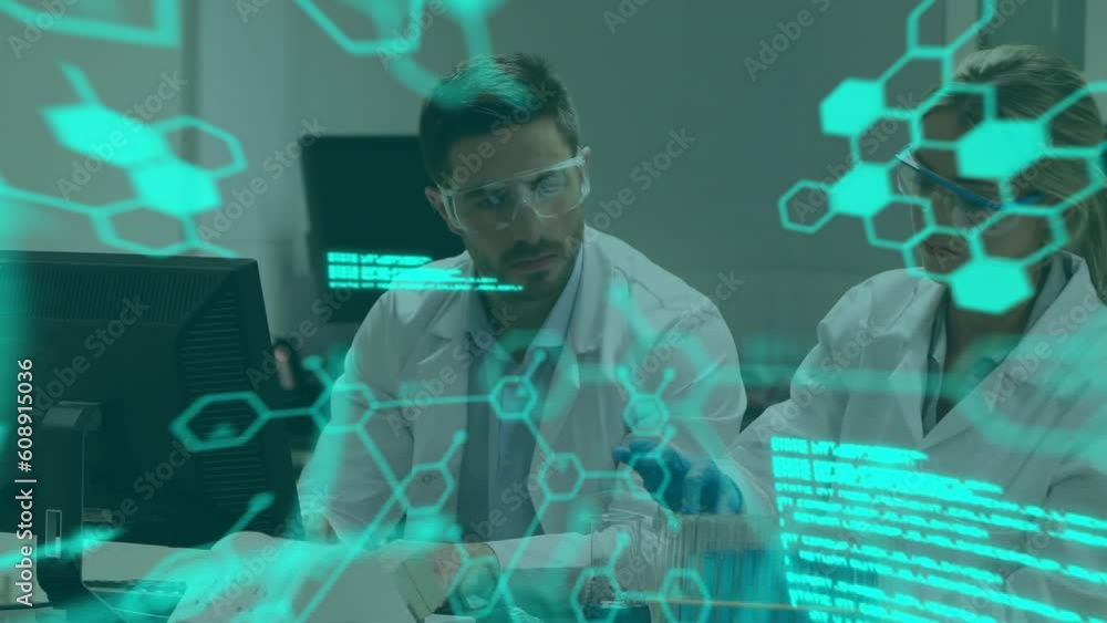 Poster animation of computer language and molecule structures, diverse researchers examining liquid