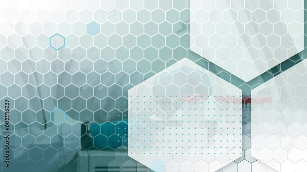 Poster animation of multiple hexagons over researcher placing test tubes in examining machine