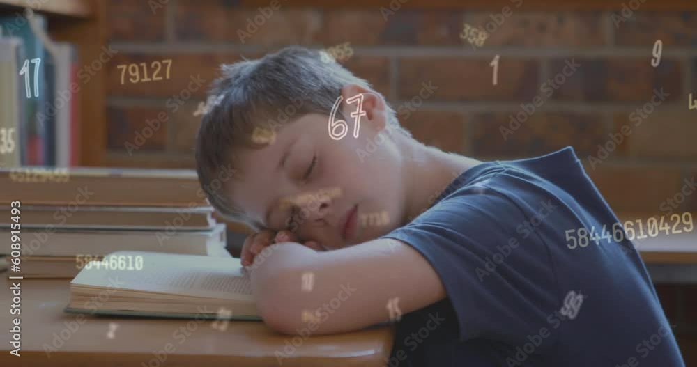 Poster animation of looping changing numbers over caucasian boy sleeping on book in classroom