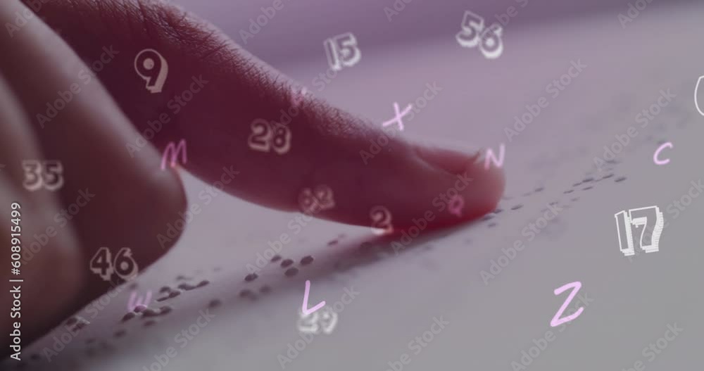 Poster animation of looping numbers and letters over finger of blind student reading book in classroom