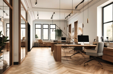 modern office with white walls and wooden desks