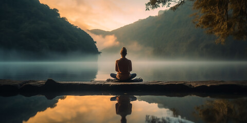 sitzende Yoga Pose rücklings mit Blick auf Berge, Wasser und Bäume KI