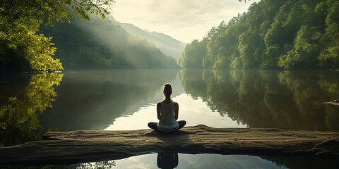 sitzende Yoga Pose rücklings mit Blick auf Berge, Wasser und Bäume KI - obrazy, fototapety, plakaty